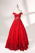 Photograph of an elegant, off-the-shoulder red ball gown on a white dress form. The dress features intricate, sparkling beadwork on the bodice and a voluminous, flowing skirt adorned with delicate floral patterns. The background is a plain white studio setup with soft shadows, emphasizing the dress's vibrant color and luxurious texture.01