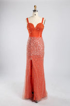 Luxury Sage Green All-Over Beaded Sequin Sheath Slit Evening Dress KY055