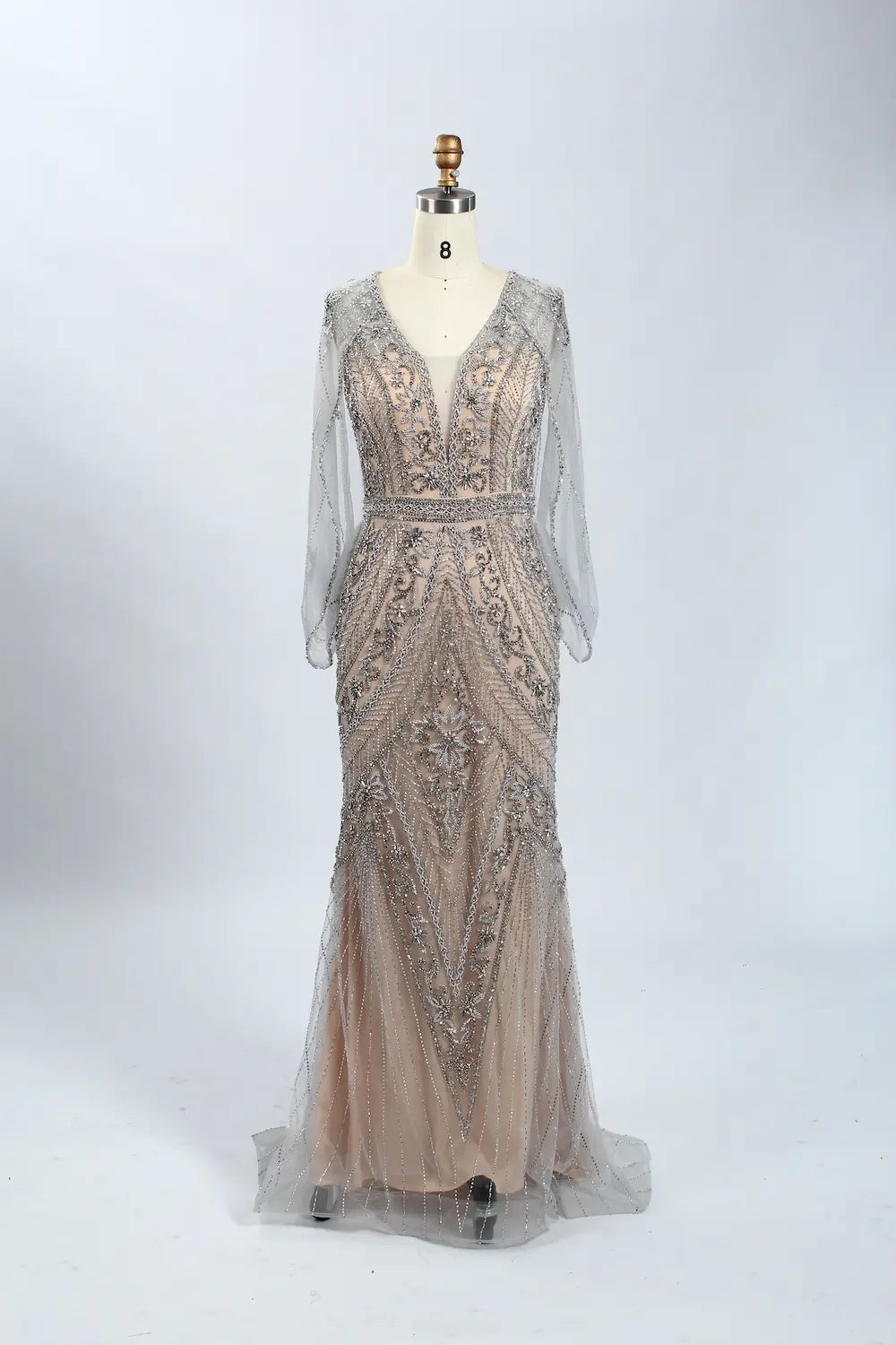 Silver-beaded V-neck mermaid gown with sheer long sleeves and fitted tulle skirt