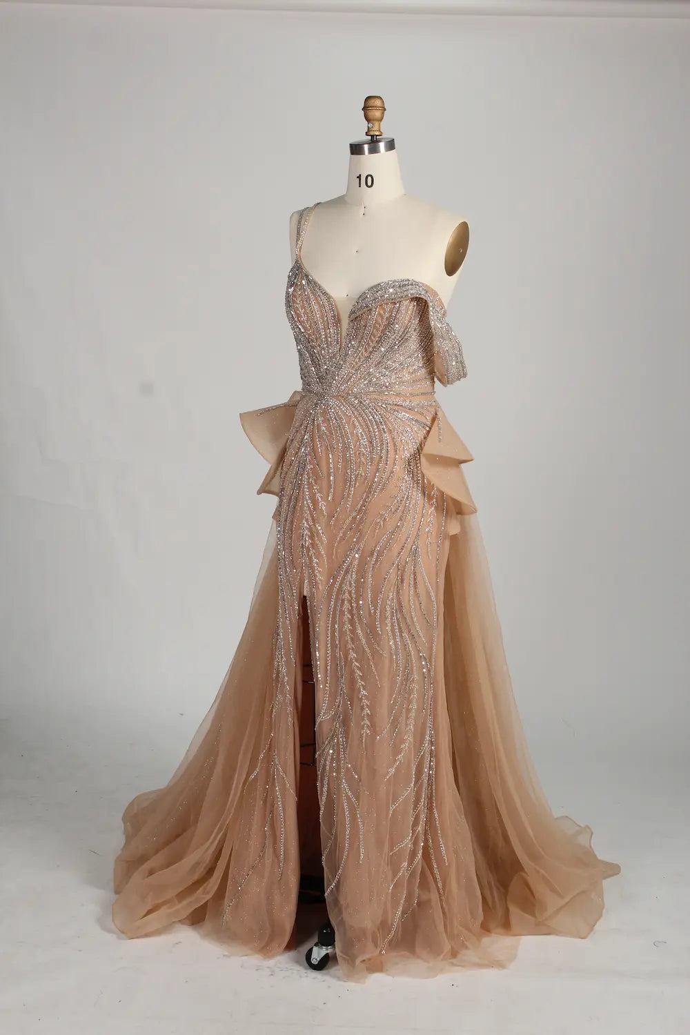 Glamorous One Shoulder Beaded Side Ruffle Accents Evening Dress MC137