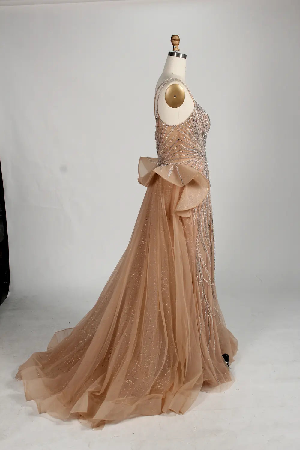 Glamorous One Shoulder Beaded Side Ruffle Accents Evening Dress MC137