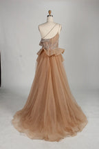 Glamorous One Shoulder Beaded Side Ruffle Accents Evening Dress MC137