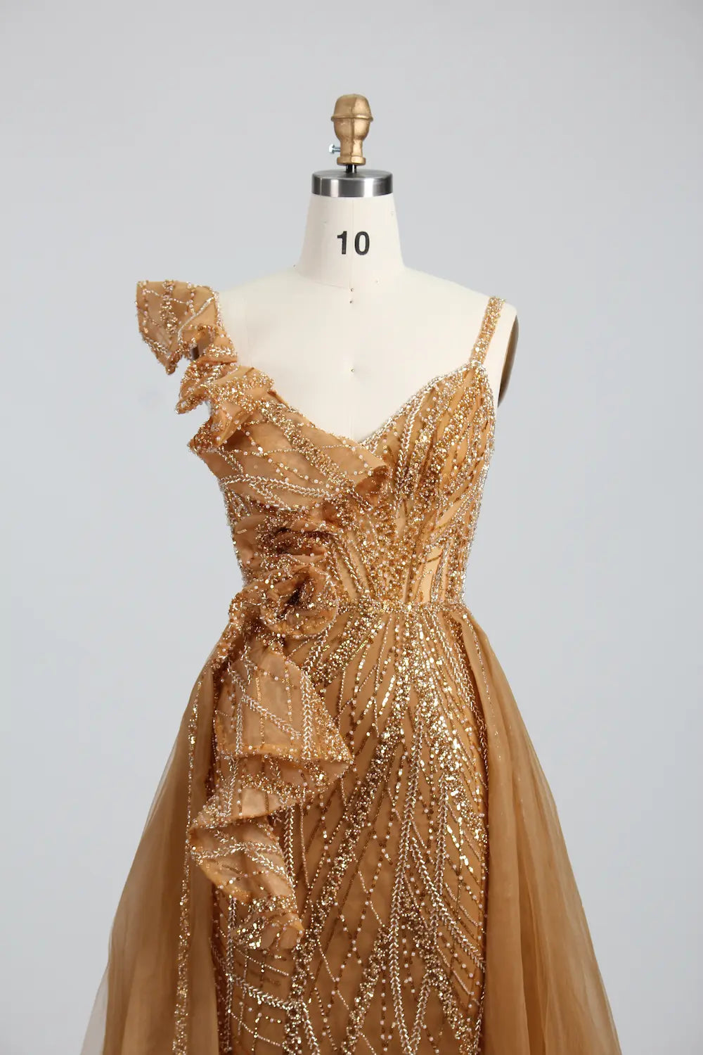 One Shoulder Gold Beaded Evening Dress with Ruffled Detailing MK140
