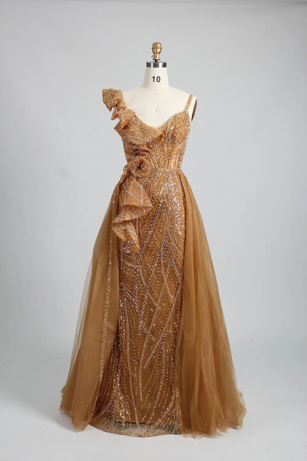 One Shoulder Gold Beaded Evening Dress with Ruffled Detailing MK140