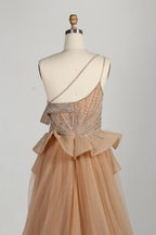 Glamorous One Shoulder Beaded Side Ruffle Accents Evening Dress MC137