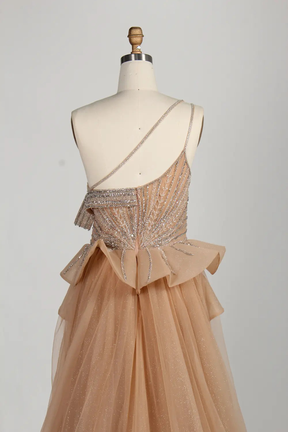 Glamorous One Shoulder Beaded Side Ruffle Accents Evening Dress MC137