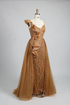 One Shoulder Gold Beaded Evening Dress with Ruffled Detailing MK140