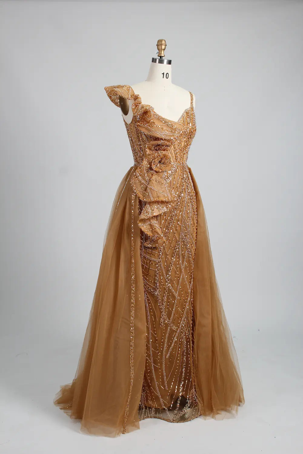 One Shoulder Gold Beaded Evening Dress with Ruffled Detailing MK140