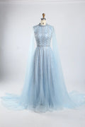 Light Blue High Neck Beaded Cape SleevesA-Line Mother of the Bride Dress KY054