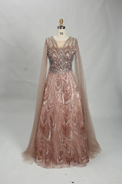 Blush pink sequin A-line mother of the bride dress with sheer long sleeves