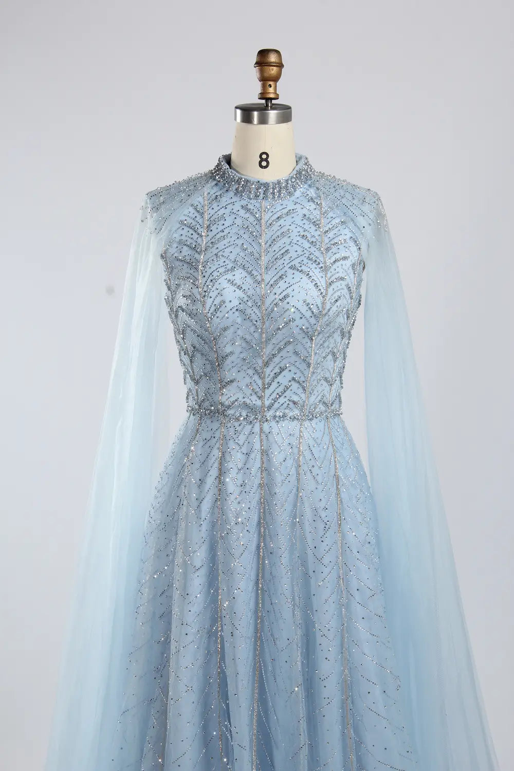 Light Blue High Neck Beaded Cape SleevesA-Line Mother of the Bride Dress KY054