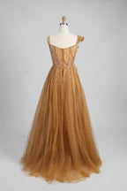 One Shoulder Gold Beaded Evening Dress with Ruffled Detailing MK140