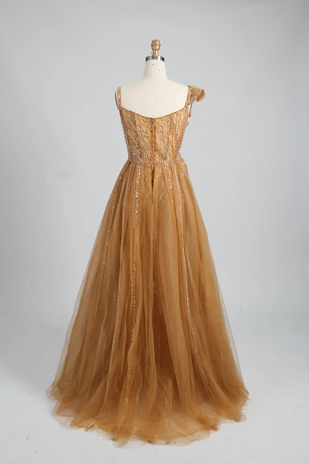 One Shoulder Gold Beaded Evening Dress with Ruffled Detailing MK140