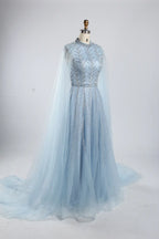 Beaded V-Neck A-Line Mother of the Bride Dress with Cape Sleeves Ky054