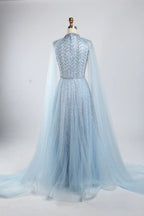 Light Blue High Neck Beaded Cape SleevesA-Line Mother of the Bride Dress KY054