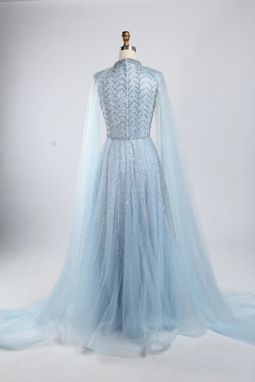 Light Blue High Neck Beaded Cape SleevesA-Line Mother of the Bride Dress KY054