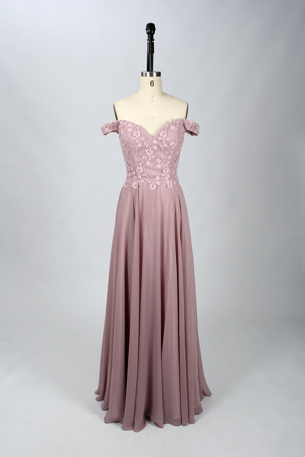Wholesale Blush Off-Shoulder  Floral Appliques Lace Bridesmaid Gown 32666