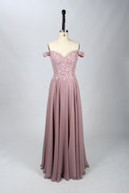 Wholesale Blush Off-Shoulder  Floral Appliques Lace Bridesmaid Gown 32666
