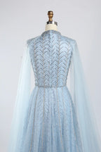 Light Blue High Neck Beaded Cape SleevesA-Line Mother of the Bride Dress KY054