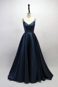 Wholesale Navy Satin Spaghetti - Strap Bridesmaid Gown SA005