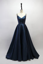 Wholesale Navy Satin Spaghetti - Strap Bridesmaid Gown SA005