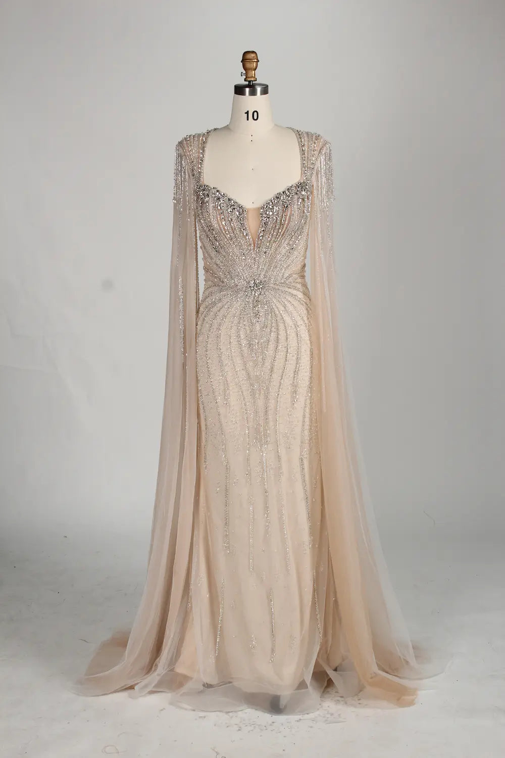 Sparkly beaded mermaid mother-of-the-bride gown with sheer draped cape sleeves
