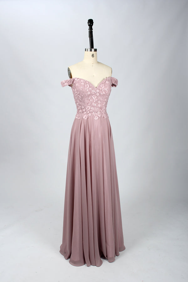 Wholesale Blush Off-Shoulder  Floral Appliques Lace Bridesmaid Gown 32666