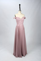 Wholesale Blush Off-Shoulder  Floral Appliques Lace Bridesmaid Gown 32666