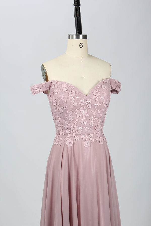 Wholesale Blush Off-Shoulder  Floral Appliques Lace Bridesmaid Gown 32666