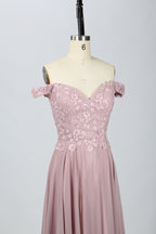 Wholesale Blush Off-Shoulder  Floral Appliques Lace Bridesmaid Gown 32666