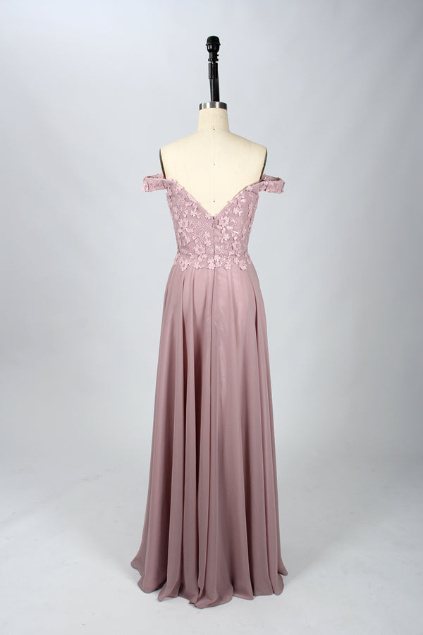 Wholesale Blush Off-Shoulder  Floral Appliques Lace Bridesmaid Gown 32666