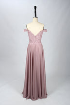 Wholesale Blush Off-Shoulder  Floral Appliques Lace Bridesmaid Gown 32666