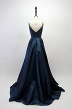 Wholesale Navy Satin Spaghetti - Strap Bridesmaid Gown SA005