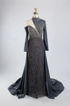 Asymmetrical High Neck Black Mother of the Bride Dress with Sleeves KY067