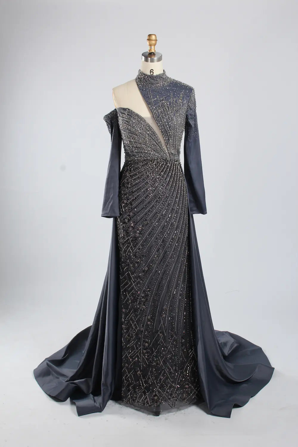Asymmetrical High Neck Black Mother of the Bride Dress with Sleeves KY067