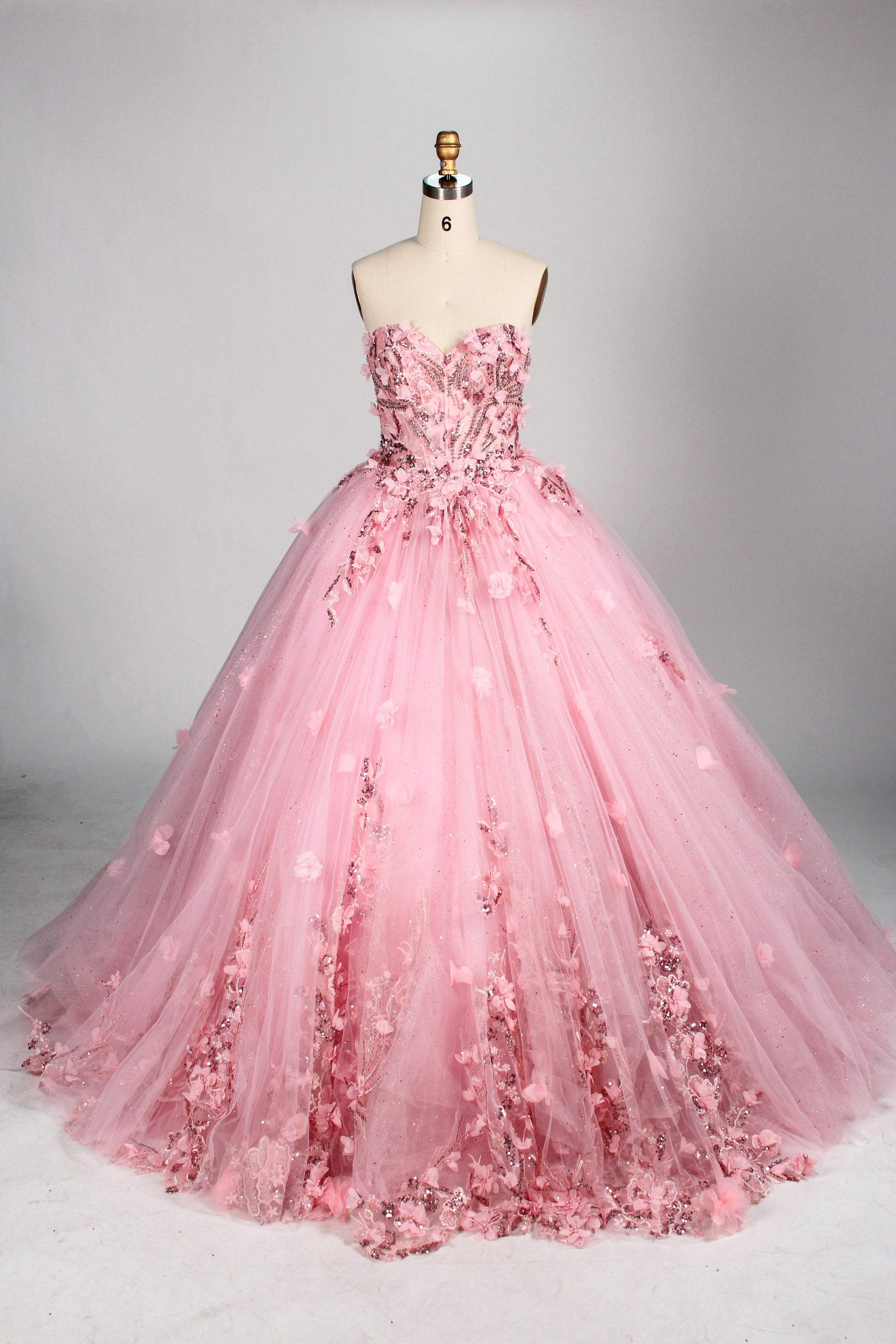 Wholesale Luxury Pink Quinceañera Dresses Strapless Sweetheart 3D Floral Appliqués Sequin Ball Gown 3372