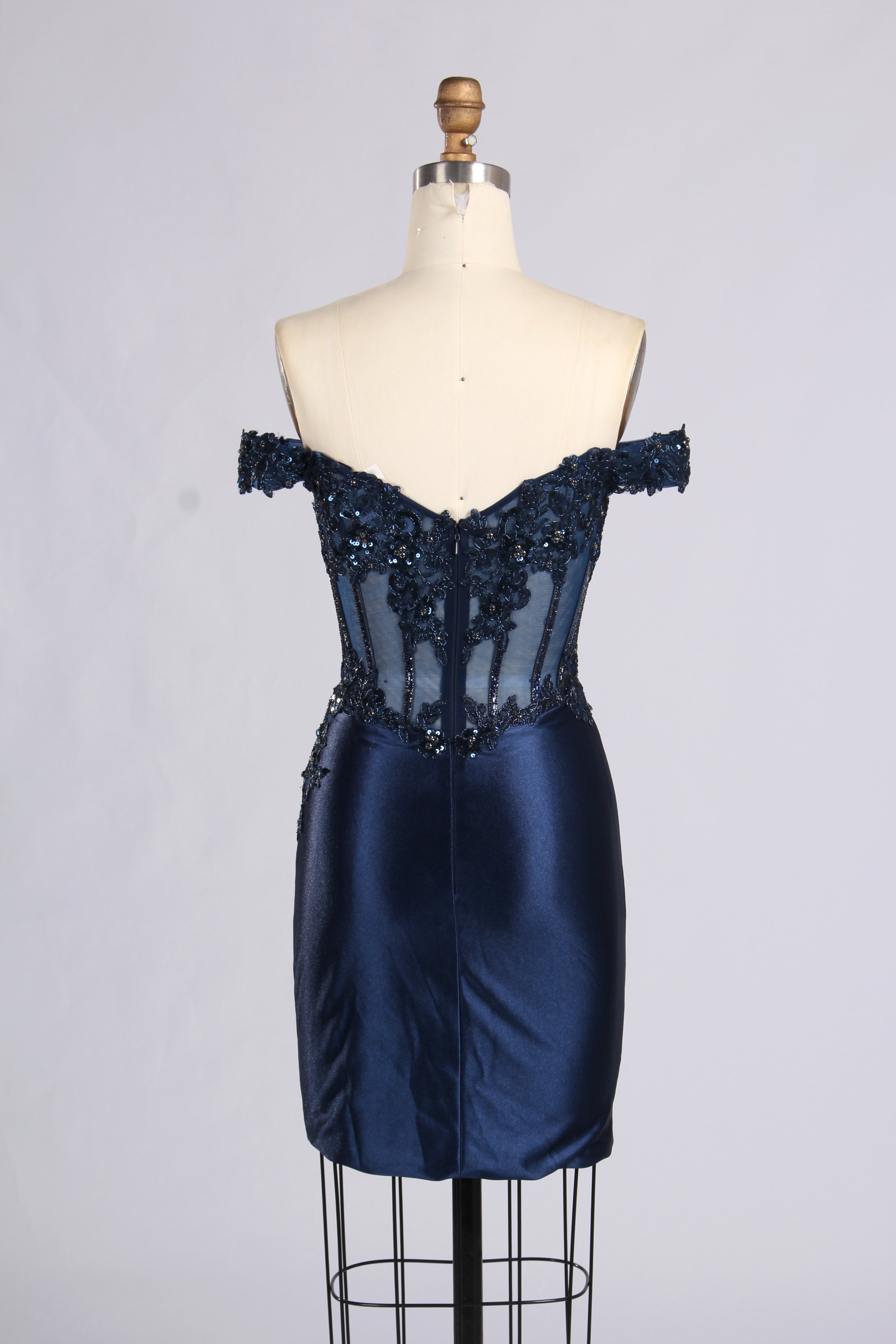 Wholesale Navy Blue Off-Shoulder Lace Corset Homecoming Dress 33546