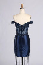 Wholesale Navy Blue Off-Shoulder Lace Corset Homecoming Dress 33546