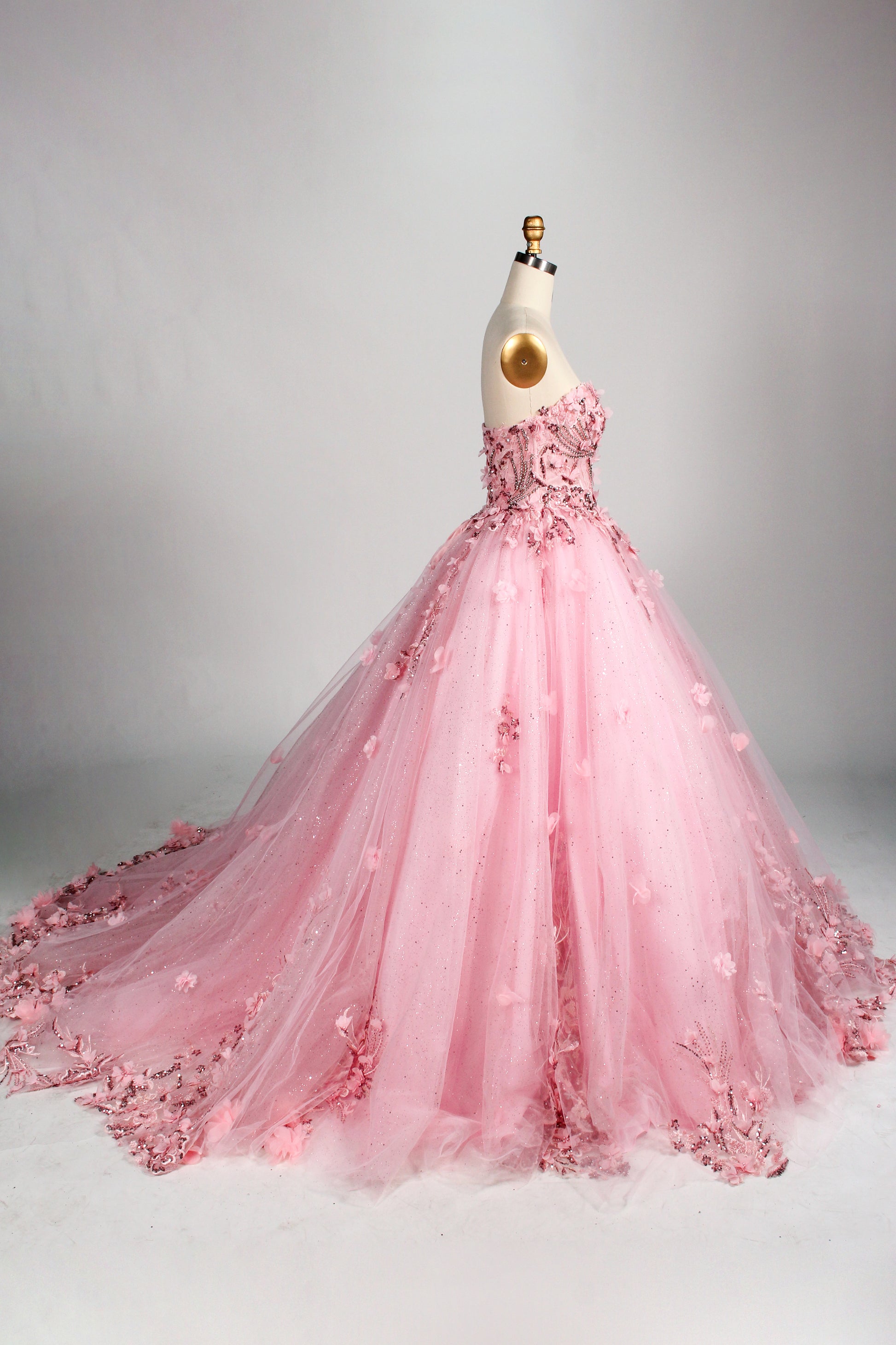 Wholesale Luxury Pink Quinceañera Dresses Strapless Sweetheart 3D Floral Appliqués Sequin Ball Gown 3372