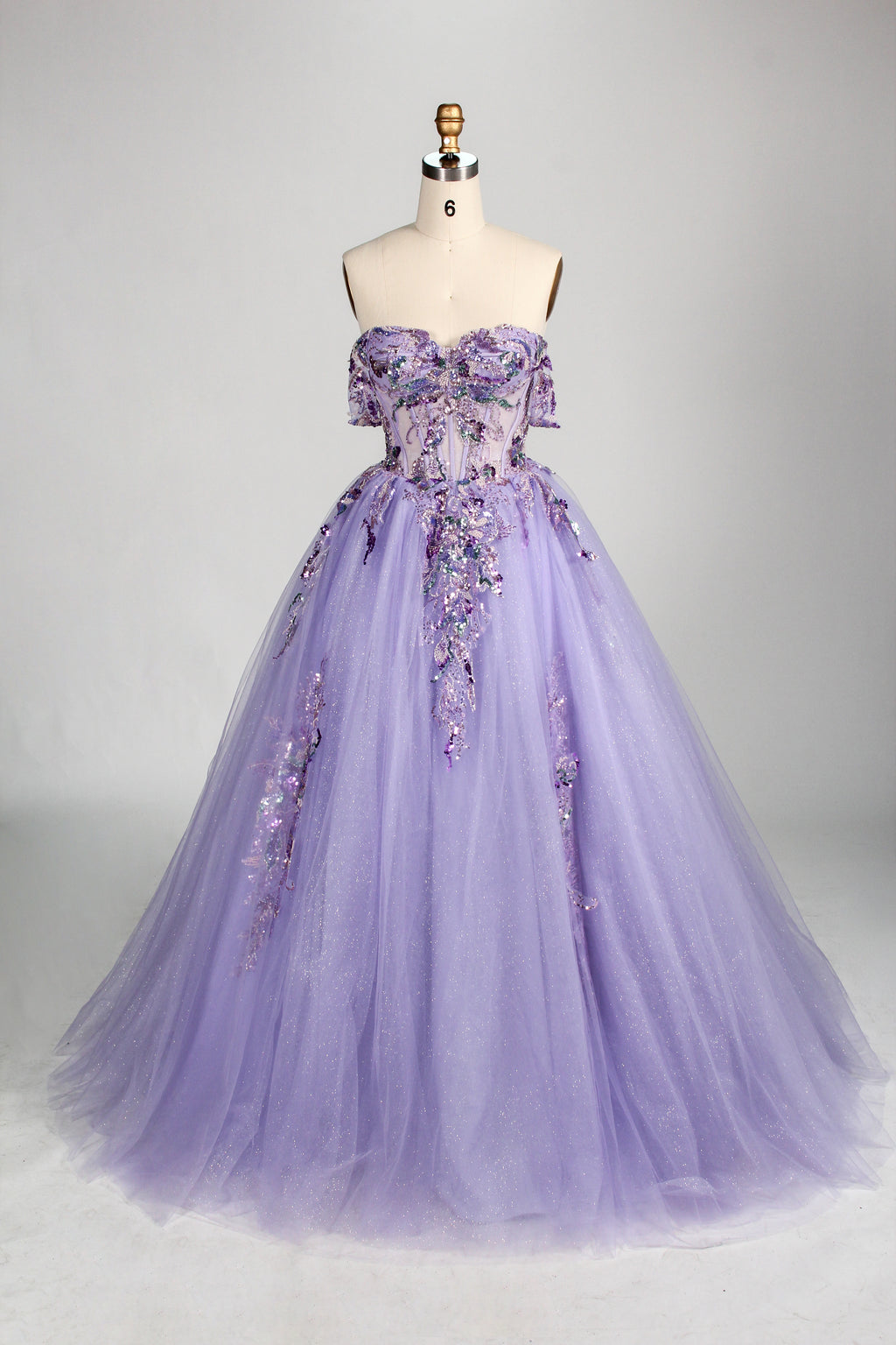 Enchanted Lavender Glitter Tulle Ball Gown with Crystal Beaded Bodice and Draped Sleeves 3373