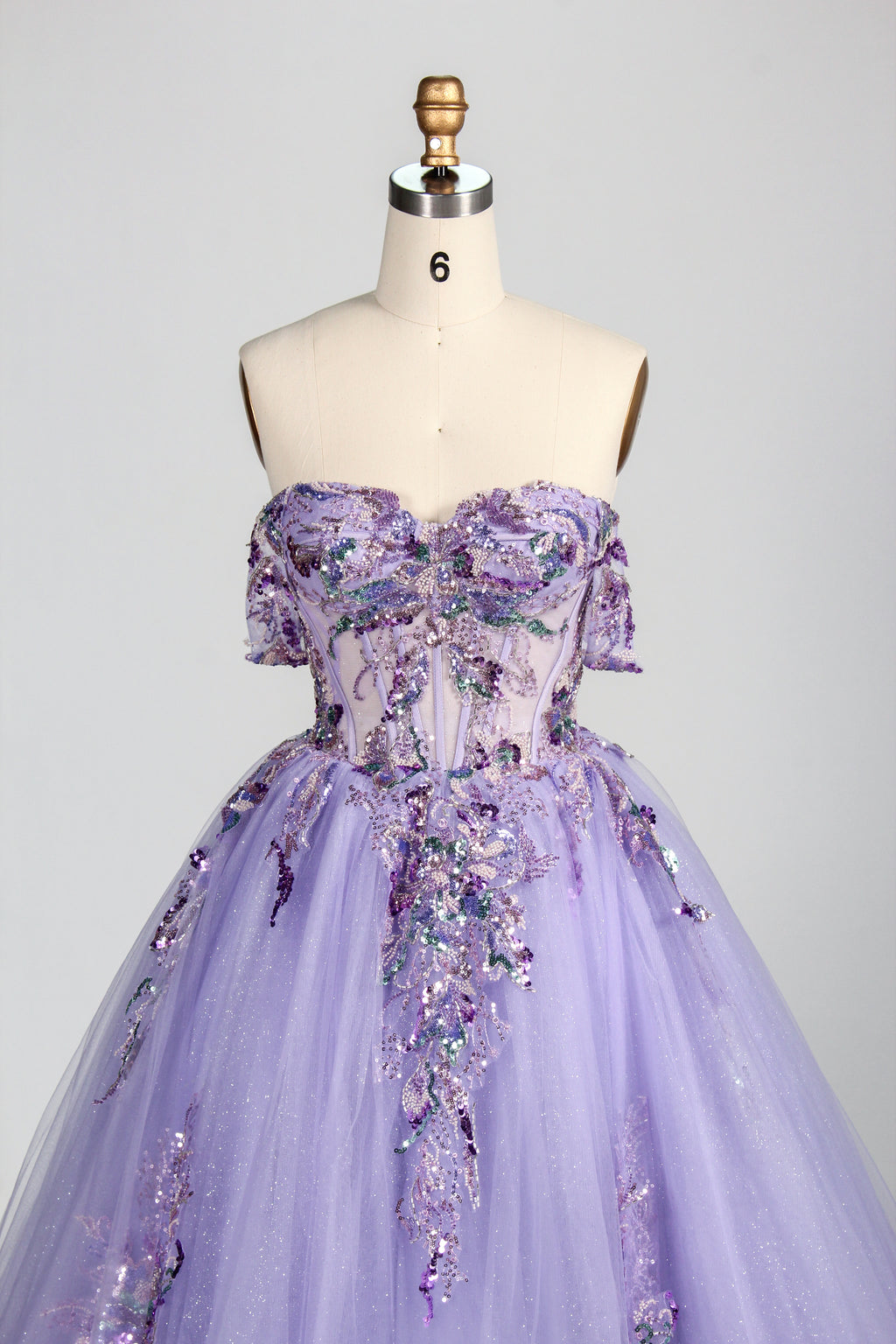 Enchanted Lavender Glitter Tulle Ball Gown with Crystal Beaded Bodice and Draped Sleeves 3373