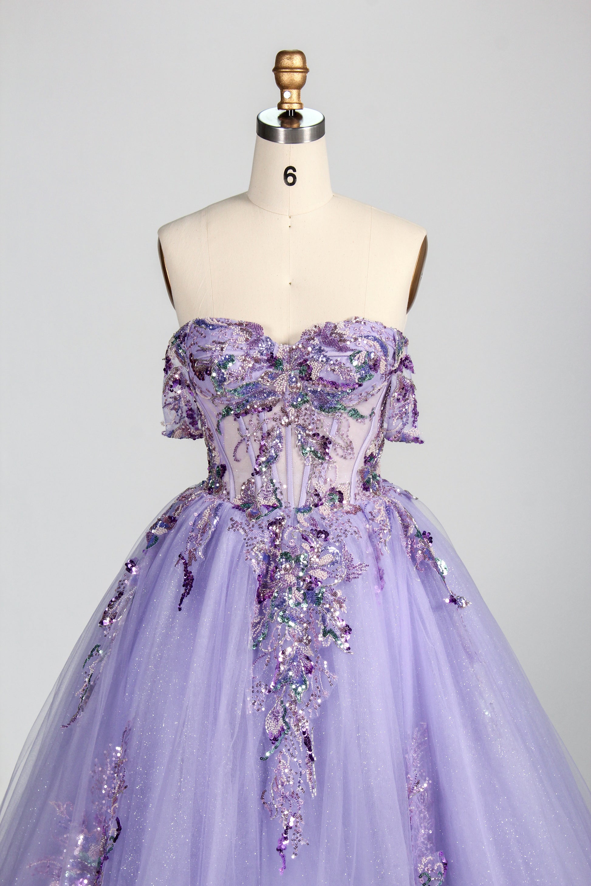 Enchanted Lavender Glitter Tulle Ball Gown with Crystal Beaded Bodice and Draped Sleeves 3373