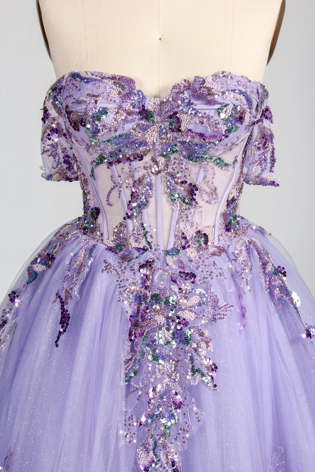 Enchanted Lavender Glitter Tulle Ball Gown with Crystal Beaded Bodice and Draped Sleeves 3373