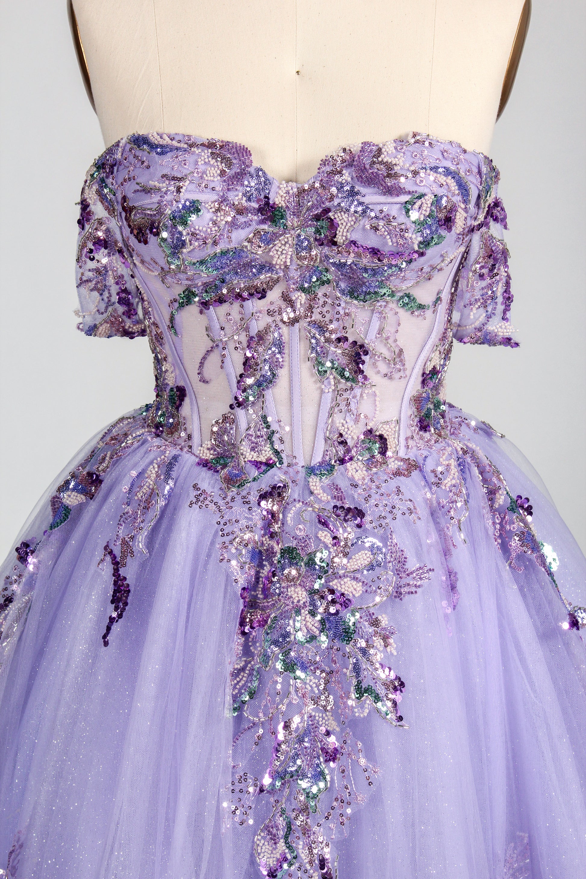 Enchanted Lavender Glitter Tulle Ball Gown with Crystal Beaded Bodice and Draped Sleeves 3373