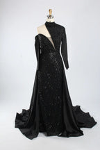 Asymmetrical High Neck Black Mother of the Bride Dress with Sleeves KY067
