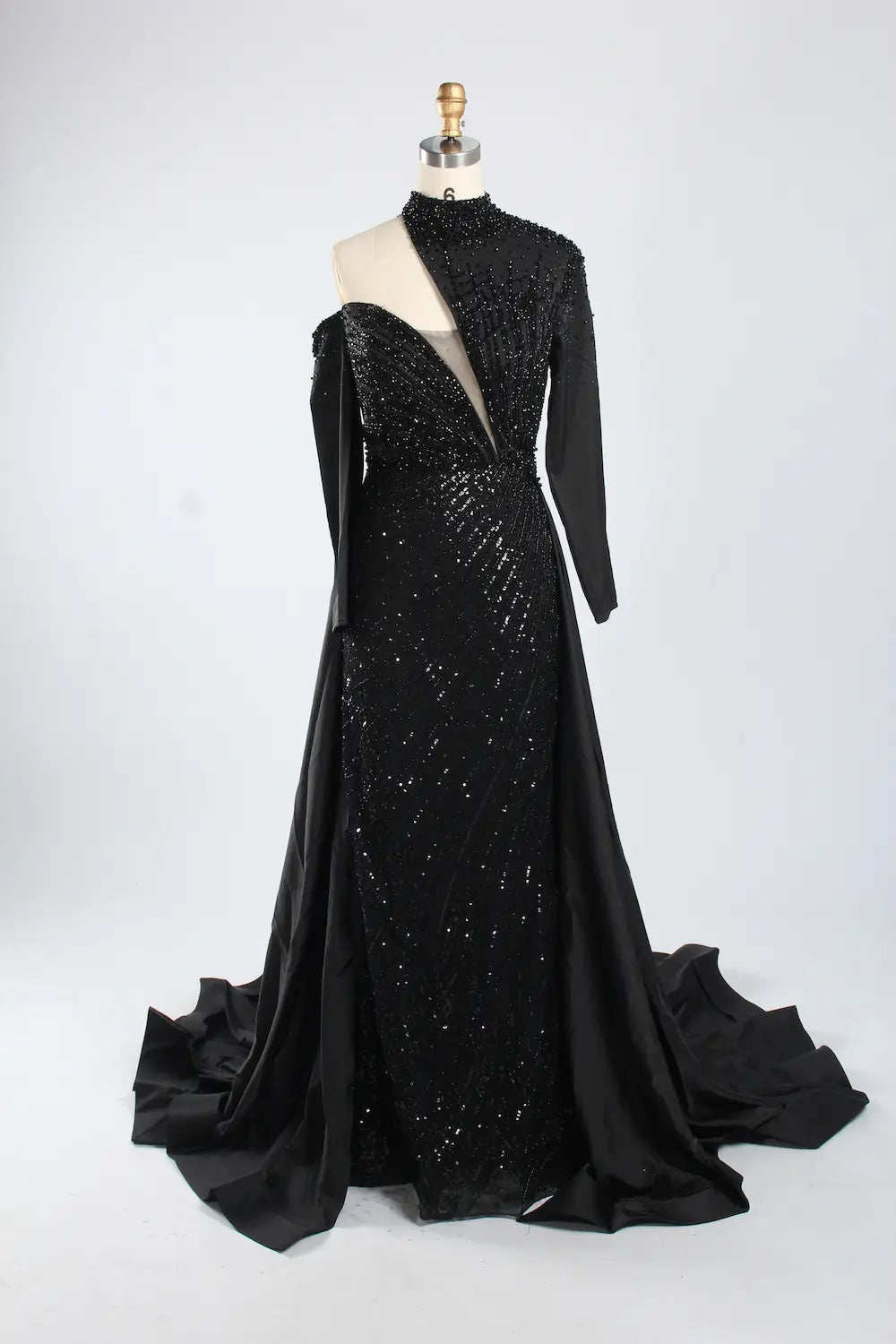 Asymmetrical High Neck Black Mother of the Bride Dress with Sleeves KY067