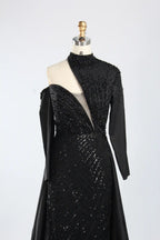 Asymmetrical High Neck Black Mother of the Bride Dress with Sleeves KY067