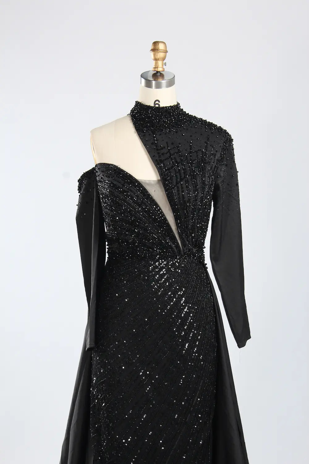 Asymmetrical High Neck Black Mother of the Bride Dress with Sleeves KY067