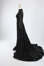 Asymmetrical High Neck Black Mother of the Bride Dress with Sleeves KY067