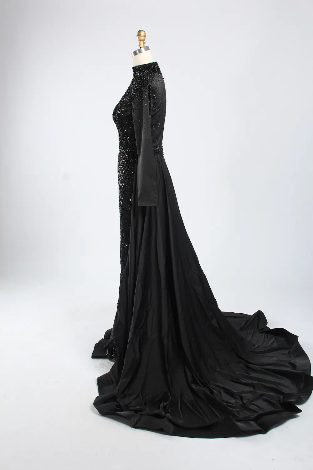 Asymmetrical High Neck Black Mother of the Bride Dress with Sleeves KY067